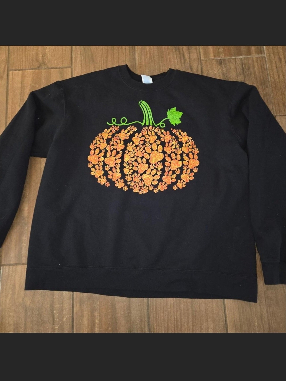 Black Pumpkin Pawprint Graphic Crewneck Sweater - Orange & Green